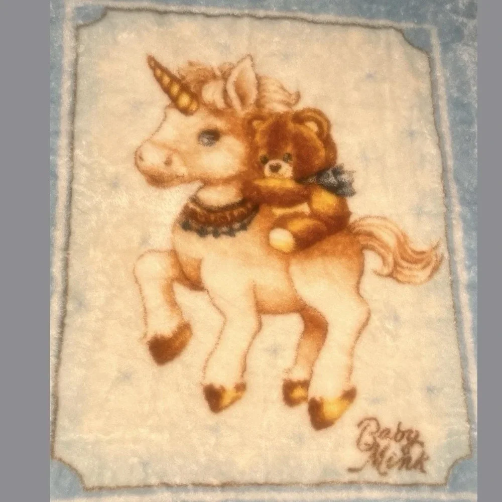 Vtg 80s Baby Mink Unicorn Teddy Bear Blue Plush Crib Blanket Zigzag Trim 43x51